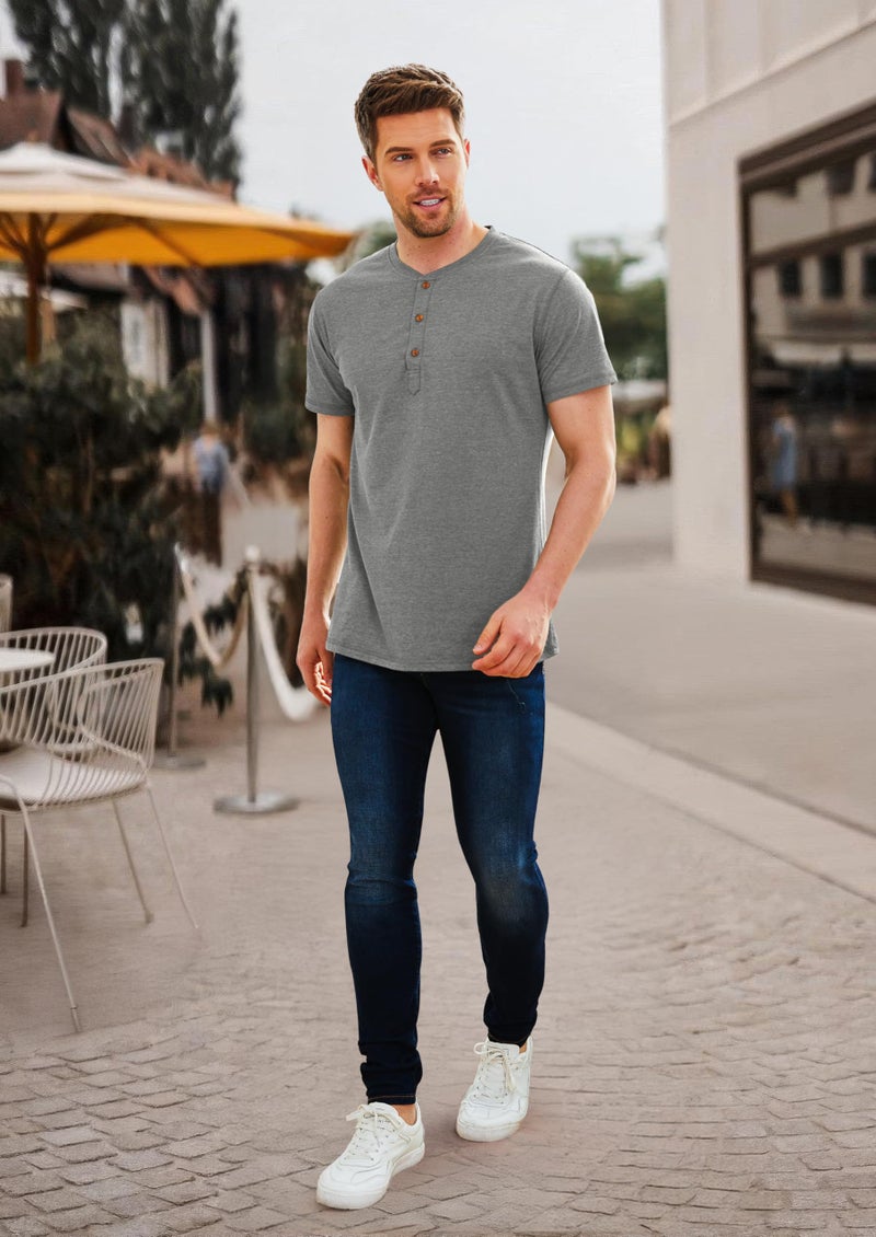 PEGENO Men's Casual Slim Fit Short Sleeve Henley T-Shirts Cotton Shirts Gray-US M - Image 5